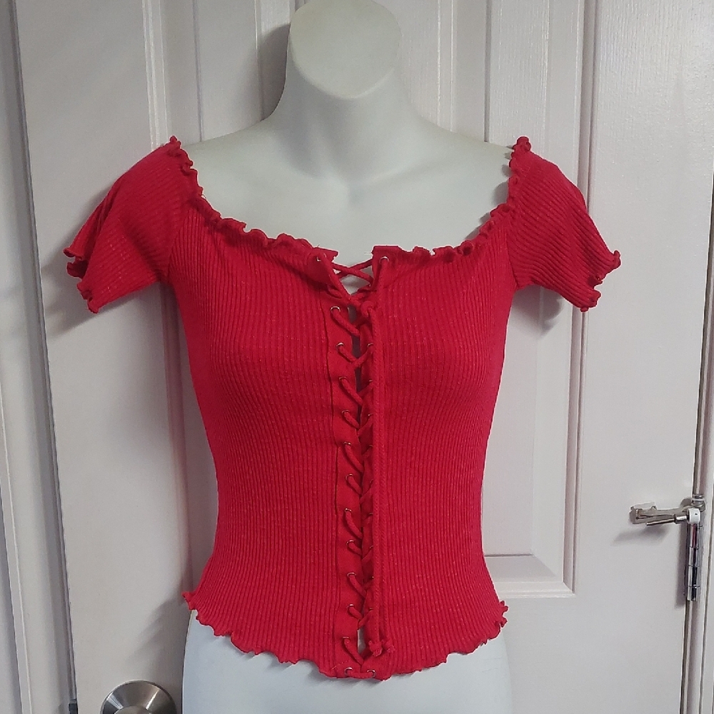 Better Be Red Lace-Up Ribbed Top